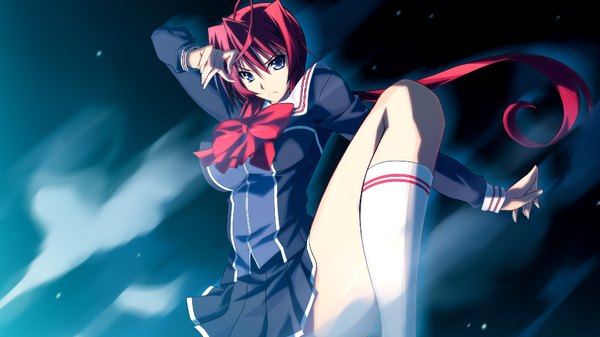 Anime picture 1024x576 with zero infinity long hair blue eyes wide image game cg ponytail red hair legs girl skirt uniform school uniform miniskirt socks white socks