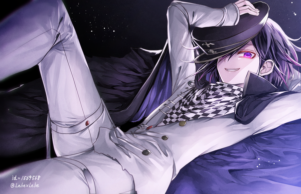 Anime picture 1052x679 with dangan ronpa new danganronpa v3 ouma kokichi z-epto (chat-noir86) single looking at viewer fringe short hair simple background smile purple eyes signed purple hair bent knee (knees) lying on back grin sleeves past wrists dark background arm behind head
