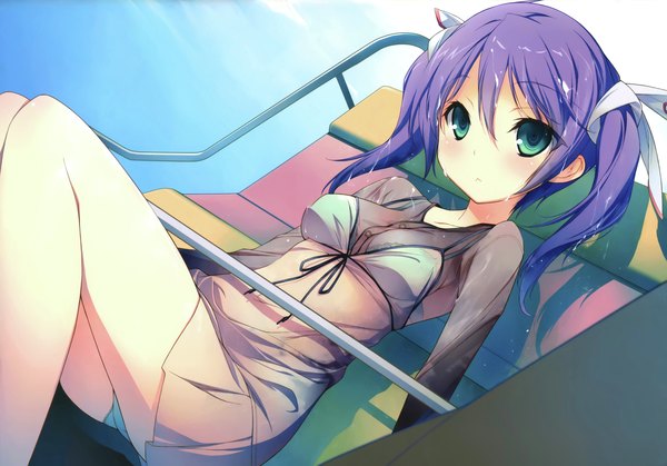 Anime picture 4220x2950 with mayo chiki! feel (studio) usami masamune kikuchi seiji single long hair blush highres light erotic twintails green eyes absurdres purple hair wet clothes girl transparent clothing