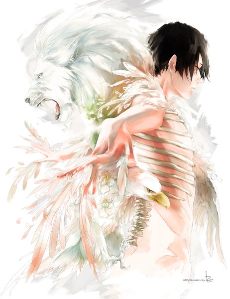 Anime picture 1066x1385 with original re (artist) single tall image fringe short hair open mouth black hair simple background white background signed eyes closed fingernails lips teeth fang (fangs) bone (bones) shirtless boy flower (flowers)