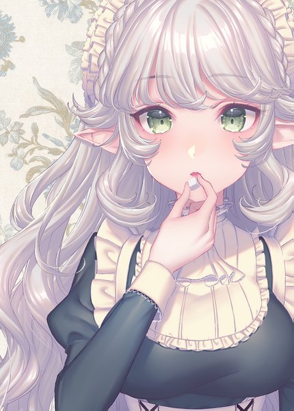 Anime picture 863x1205 with original sakura shiho single long hair tall image looking at viewer blush fringe breasts open mouth large breasts holding green eyes payot silver hair upper body pointy ears maid puffy sleeves elf