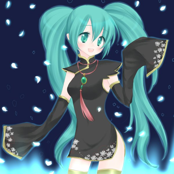 Anime picture 1200x1200 with vocaloid hatsune miku long hair simple background twintails aqua eyes aqua hair girl detached sleeves petals locket
