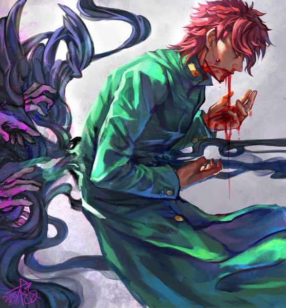 Anime picture 1330x1433 with jojo no kimyou na bouken kakyoin noriaki fan ju single tall image short hair simple background red eyes signed red hair profile grey background dated looking down blood on face surprised bleeding boy uniform weapon