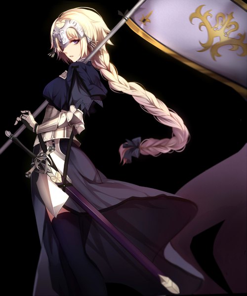 Anime picture 2083x2499 with fate (series) fate/apocrypha jeanne d'arc (fate) (all) jeanne d'arc (fate) shiguru single long hair tall image looking at viewer highres simple background blonde hair standing purple eyes braid (braids) parted lips blurry turning head single braid black background