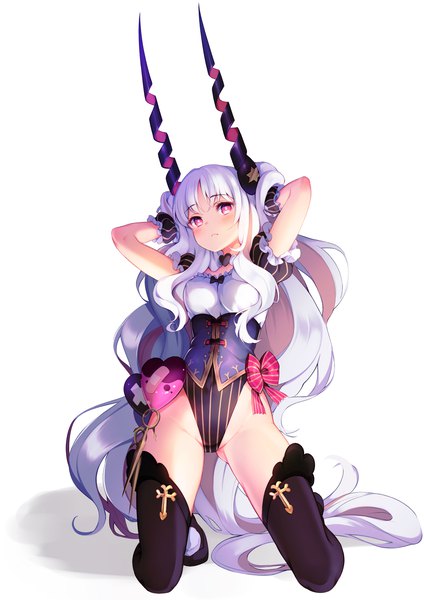Anime picture 1300x1839 with fate (series) fate/grand order caren hortensia caren hortensia (amor caren) caren hortensia (amor caren) (third ascension) pilokey single tall image light erotic simple background white background silver hair full body very long hair pink eyes horn (horns) kneeling ass visible through thighs arms behind head highleg