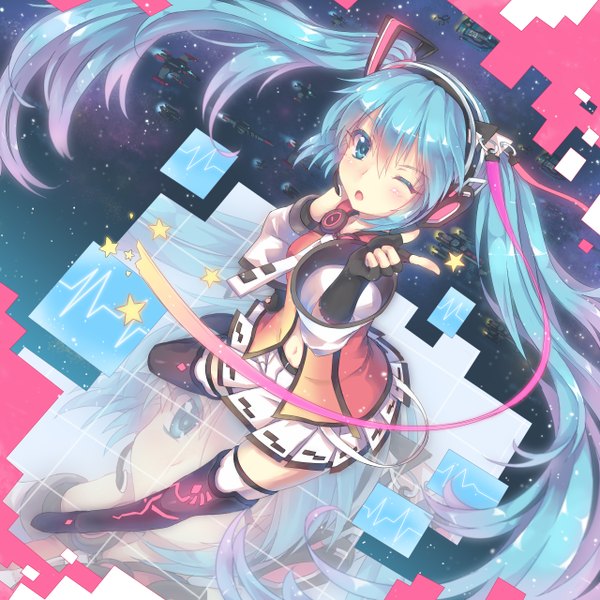 Anime picture 2560x2560 with vocaloid hatsune miku north abyssor single blush highres open mouth twintails very long hair one eye closed aqua eyes from above wink aqua hair girl skirt ribbon (ribbons) hair ribbon miniskirt headphones