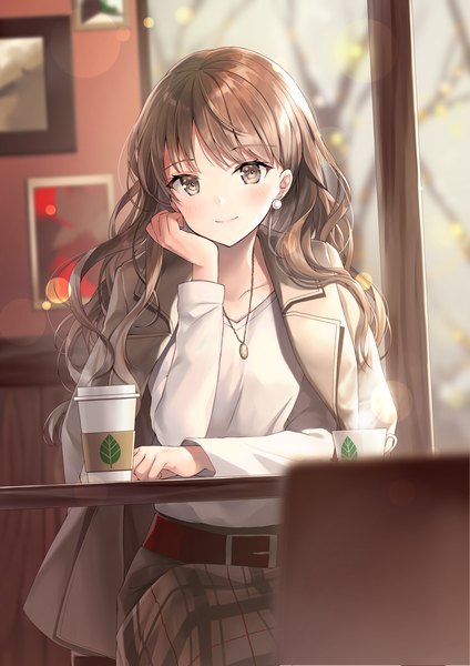 Anime picture 2480x3508 with original kagachi saku single long hair tall image looking at viewer blush fringe highres brown hair sitting brown eyes signed indoors light smile blurry depth of field lens flare wavy hair steam