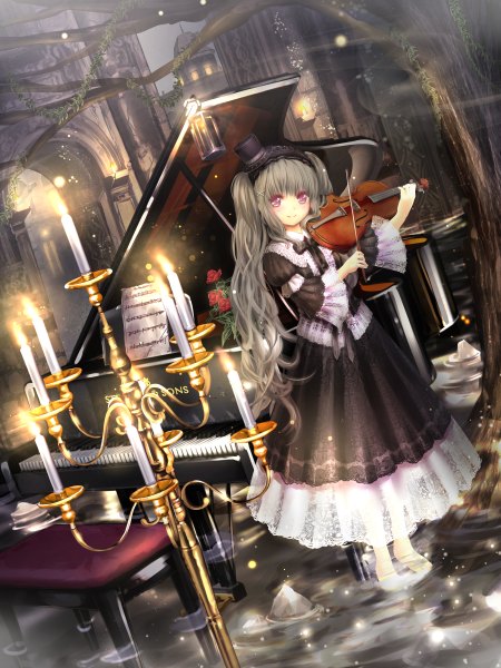 Anime picture 1800x2400 with original catbell single long hair tall image looking at viewer highres smile pink eyes barefoot grey hair playing instrument girl dress hat musical instrument candle (candles) piano