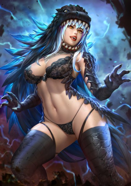 Anime picture 2480x3508 with godzilla godzilla (character) nudtawut thongmai single long hair tall image fringe highres breasts open mouth light erotic smile hair between eyes large breasts standing blue hair looking away cleavage fingernails lips