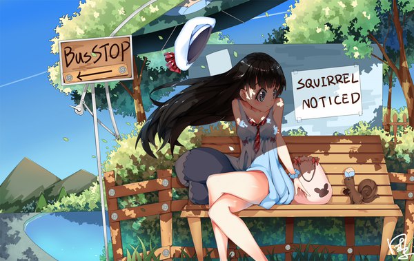 Anime picture 2000x1263 with original dango remi long hair highres breasts blue eyes black hair smile sitting signed sky wind sleeveless crossed legs text mountain english wrist scrunchie lake dress