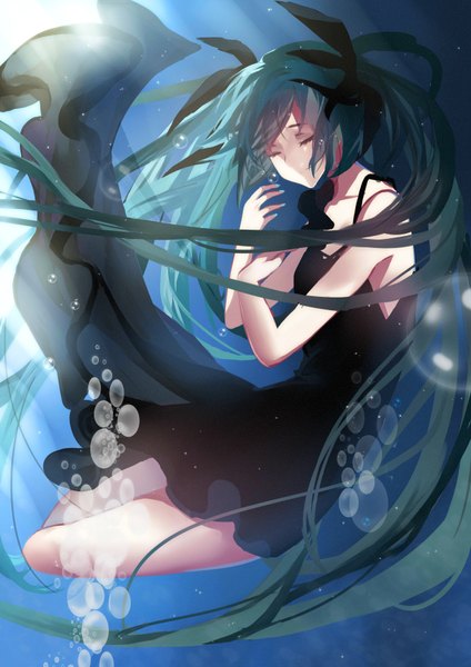 Anime picture 2480x3507 with vocaloid shinkai shoujo (vocaloid) hatsune miku tagme (artist) single tall image highres twintails eyes closed very long hair nail polish green hair underwater girl dress ribbon (ribbons) hair ribbon black dress bubble (bubbles)