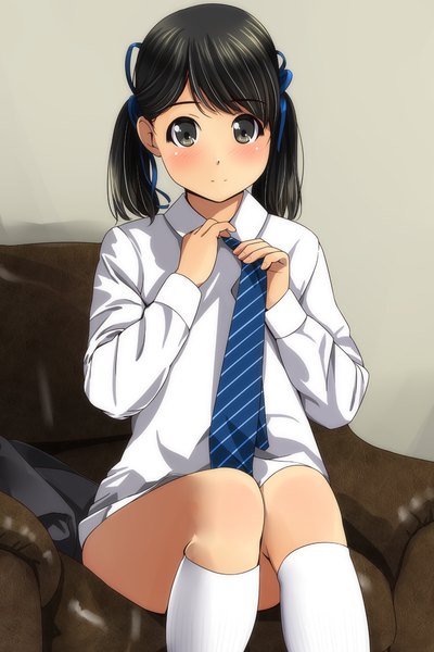 Anime picture 800x1200 with original matsunaga kouyou single long hair tall image looking at viewer blush fringe light erotic black hair sitting twintails indoors light smile black eyes adjusting necktie girl ribbon (ribbons) hair ribbon shirt