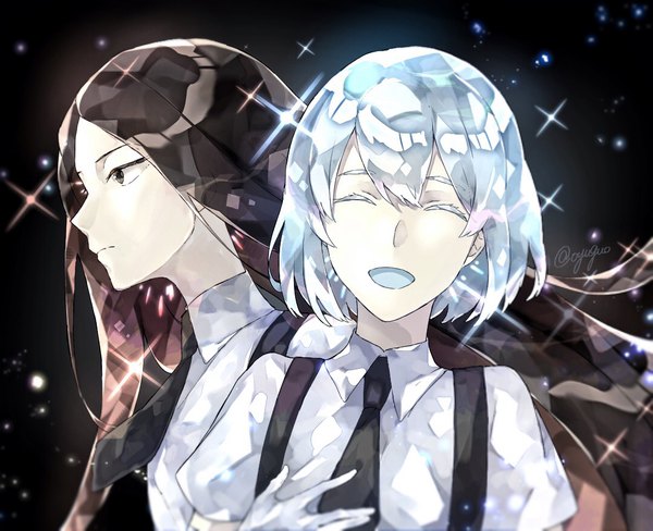 Anime picture 1080x880 with houseki no kuni diamond (houseki no kuni) bort ryokued long hair fringe short hair open mouth black hair hair between eyes signed silver hair eyes closed profile black eyes sparkle twitter username black background ^ ^ androgynous