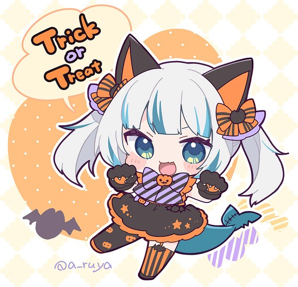 Anime picture 827x795 with virtual youtuber hololive hololive english gawr gura aruya (flosrota) single long hair looking at viewer blush open mouth blue eyes twintails signed animal ears silver hair tail :d twitter username halloween chibi