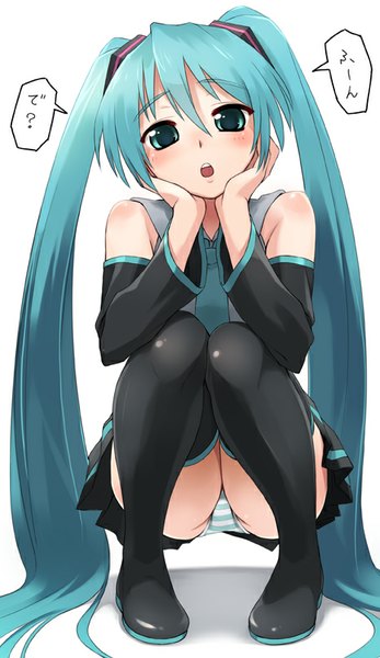 Anime picture 466x804 with vocaloid hatsune miku oryou single tall image looking at viewer blush open mouth light erotic simple background white background twintails bare shoulders very long hair aqua eyes aqua hair shadow pantyshot text pantyshot sitting