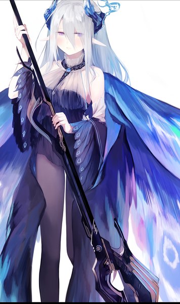 Anime picture 999x1682 with original muike single long hair tall image looking at viewer blush fringe breasts open mouth simple background hair between eyes white background purple eyes holding payot silver hair pointy ears wide sleeves multiple wings