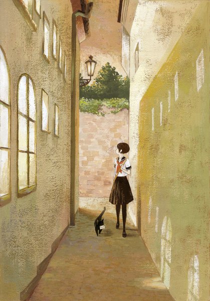 Anime picture 1497x2142 with original otonai chiaki tall image short hair black hair alley girl serafuku window cat bag lantern house letter