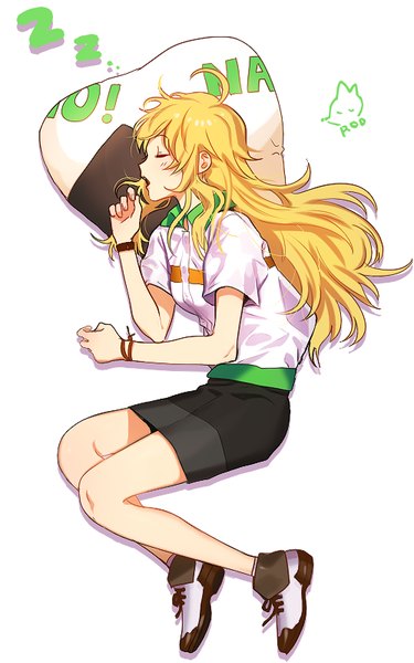 Anime picture 500x800 with idolmaster hoshii miki rod4817 single long hair tall image blush open mouth simple background blonde hair white background signed ahoge lying eyes closed profile on side sleeping girl skirt