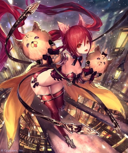 Anime picture 2083x2500 with shingeki no bahamut cerberus (shingeki no bahamut) tachikawa mushimaro (bimo) single tall image looking at viewer fringe highres open mouth light erotic standing twintails brown eyes animal ears outdoors red hair very long hair wind cat ears high heels