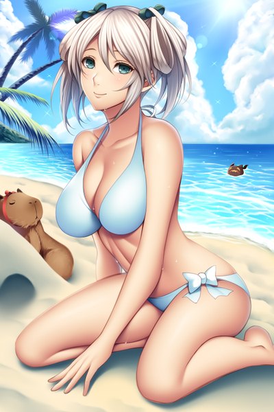 Anime picture 1000x1500 with god eater burst god eater 2 ciel alencon watanuki kaname single tall image short hair breasts blue eyes light erotic large breasts sky cloud (clouds) white hair beach girl swimsuit bikini