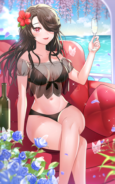 Anime-Bild 800x1280 mit original chang (user rpea4874) single long hair tall image looking at viewer blush fringe breasts open mouth light erotic black hair smile red eyes large breasts sitting bare shoulders holding sky cleavage