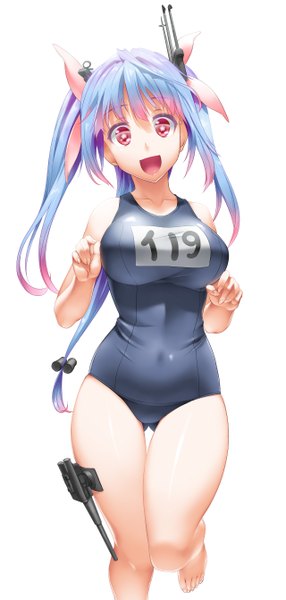 Anime picture 1280x2682 with kantai collection i-19 submarine byeontae jagga single tall image looking at viewer breasts open mouth light erotic simple background large breasts white background ponytail pink eyes symbol-shaped pupils girl hair ornament ribbon (ribbons) swimsuit hair ribbon