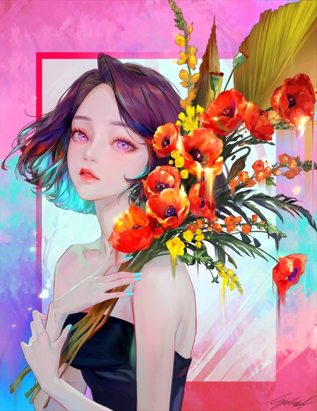 Anime picture 6477x8388 with original lizchief single tall image looking at viewer fringe highres short hair brown hair bare shoulders signed absurdres upper body nail polish parted lips pink eyes multicolored hair fingernails realistic aqua hair