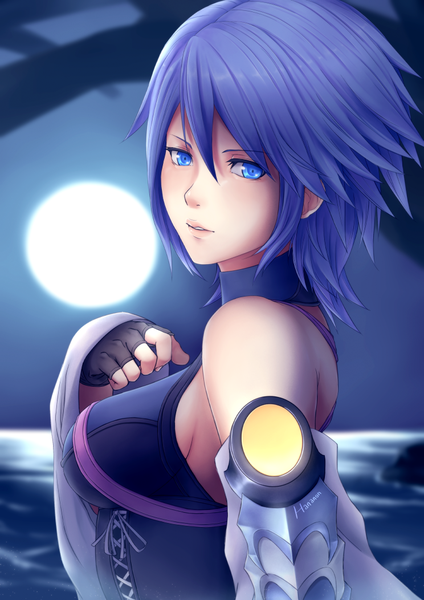 Anime picture 744x1052 with kingdom hearts square enix aqua (kingdom hearts) hananon single tall image looking at viewer fringe short hair breasts blue eyes blue hair girl gloves fingerless gloves moon full moon