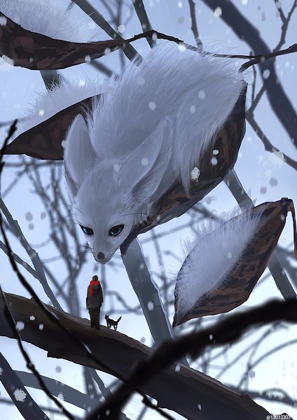 Anime picture 744x1052 with original arizuka (13033303) single tall image blue eyes signed from behind watermark looking down snowing snow bare tree ambiguous gender plant (plants) animal tree (trees) scarf cat collar branch