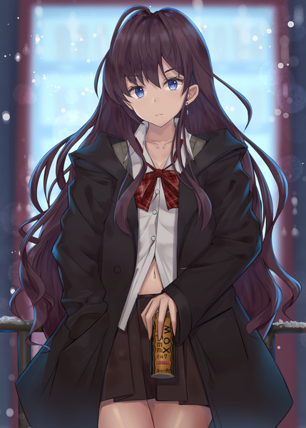 Anime picture 1036x1450 with idolmaster idolmaster cinderella girls georgia max coffee ichinose shiki kanikou single long hair tall image looking at viewer fringe hair between eyes brown hair purple eyes head tilt bare belly depth of field snowing snow hand in pocket girl