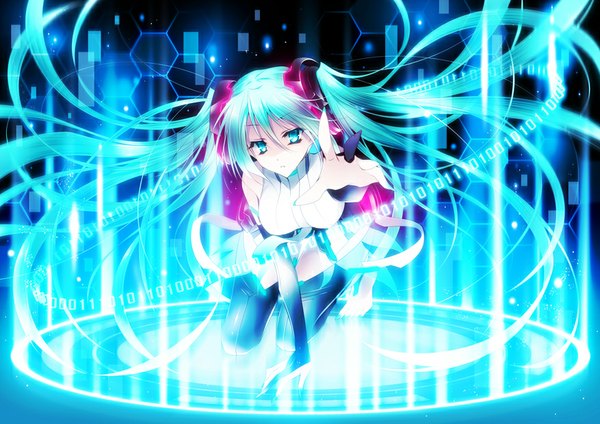 Anime picture 877x620 with vocaloid vocaloid append hatsune miku hatsune miku (append) drugstore04 single looking at viewer twintails very long hair aqua eyes aqua hair kneeling magic girl hair ornament magic circle