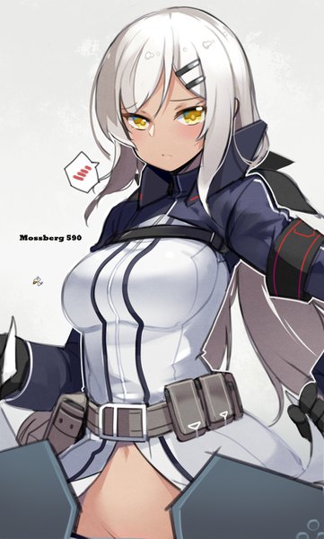 Anime picture 900x1495 with girls frontline m590 (girls frontline) aosora kamiya single long hair tall image looking at viewer blush light erotic simple background yellow eyes white hair grey background character names girl gloves black gloves speech bubble armband fanny pack