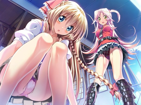 Anime picture 1024x768 with aozora stripe sawatari kotone mizutani sakura piromizu looking at viewer blush open mouth blue eyes light erotic blonde hair multiple girls yellow eyes pink hair ponytail braid (braids) pantyshot side ponytail pantyshot sitting squat girl