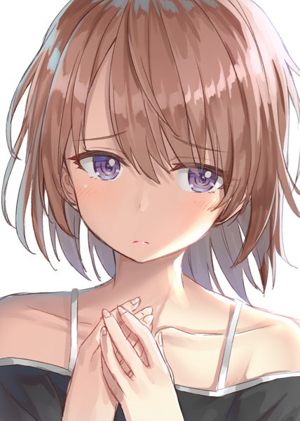 Anime picture 641x899 with original hakuishi aoi single tall image blush short hair simple background brown hair white background purple eyes bare shoulders payot looking away upper body embarrassed girl