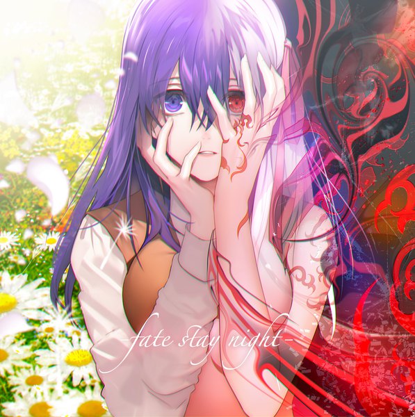 Anime picture 3472x3493 with fate (series) fate/stay night matou sakura dark sakura tsukimoto aoi single long hair tall image looking at viewer fringe highres breasts hair between eyes red eyes purple eyes absurdres purple hair upper body parted lips copyright name