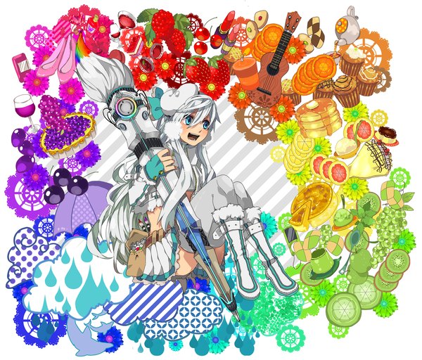Anime picture 2400x2050 with original katagiri hachigou single blush highres open mouth cloud (clouds) white hair rain girl flower (flowers) food sweets umbrella cup berry (berries) cake guitar wine glass strawberry