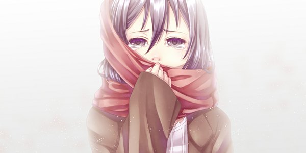 Anime picture 1000x500 with shingeki no kyojin production i.g mikasa ackerman achikoako single long hair looking at viewer black hair simple background wide image white background long sleeves black eyes tears crying sad girl scarf coat red scarf