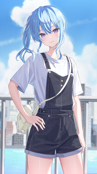 Anime picture 2000x3556 with virtual youtuber hololive hoshimachi suisei norio (noriosub) single tall image looking at viewer blush fringe highres short hair hair between eyes standing purple eyes payot blue hair sky cloud (clouds) outdoors head tilt