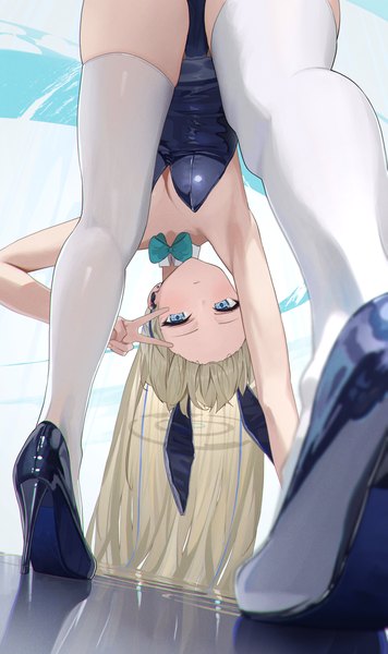 Anime picture 1726x2908 with blue archive toki (blue archive) toki (bunny) (blue archive) hidulume single long hair tall image looking at viewer highres blue eyes light erotic blonde hair animal ears from behind high heels leaning bunny ears leaning forward sleeveless official alternate costume