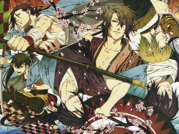 Anime picture 1920x1440 with hakuouki shinsengumi kitan studio deen saito hajime okita souji (hakuouki) hijikata toshizou (hakuouki) chikage kazama sanosuke harada toudou heisuke long hair highres short hair black hair blonde hair smile brown hair purple eyes green eyes japanese clothes scan open clothes