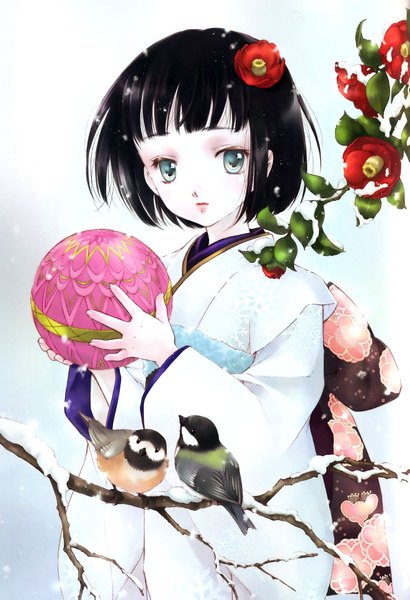 Anime picture 1321x1935 with minakami kaori tall image short hair black hair white background japanese clothes hair flower aqua eyes snowing winter snow girl hair ornament flower (flowers) animal belt kimono bird (birds) ball camellia (flower)