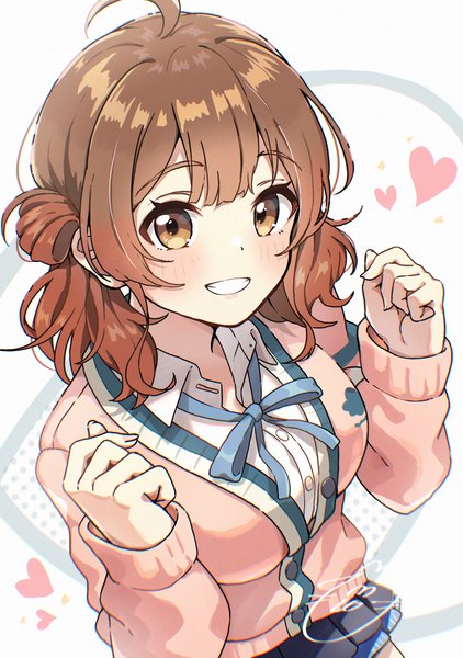 Anime picture 1512x2150 with idolmaster gakuen idolmaster hanami ume hiro5000 tama single tall image looking at viewer short hair smile brown hair brown eyes ahoge from above grin girl heart cardigan