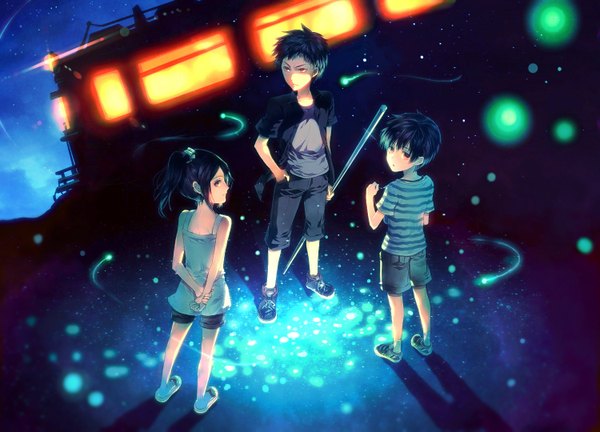 Anime picture 1500x1080 with original sunakumo short hair black hair standing ponytail from behind night multiple boys glowing hand in pocket casual playing games boy star (stars) child (children) train fireflies