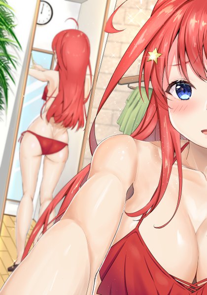 Anime picture 3500x5000 with go-toubun no hanayome nakano itsuki rain sunny single long hair tall image looking at viewer blush fringe highres breasts open mouth blue eyes light erotic large breasts standing payot absurdres ahoge ass