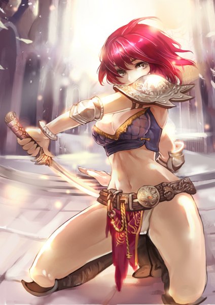 Anime picture 1500x2122 with original zzoggomini single tall image fringe short hair breasts light erotic holding looking away red hair midriff glowing fighting stance revision girl navel underwear panties weapon