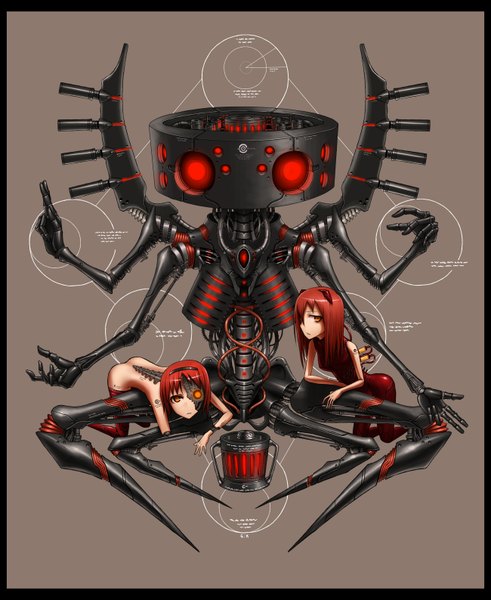 Anime picture 1300x1588 with original gia long hair tall image fringe short hair red eyes multiple girls red hair hair over one eye mechanical mechanical parts girl 2 girls bodysuit robot