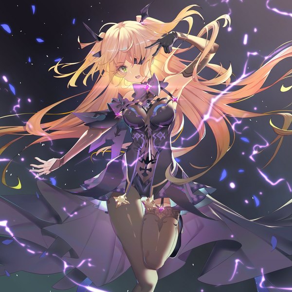 Anime picture 1343x1343 with genshin impact fischl (genshin impact) teddy (khanshin) single long hair looking at viewer fringe breasts light erotic blonde hair smile bare shoulders green eyes payot bent knee (knees) head tilt arm up hair over one eye armpit (armpits) two side up