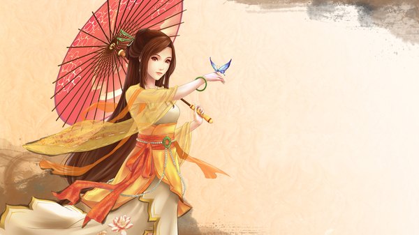 Anime picture 1920x1080 with rakuhei (artist) single long hair highres brown hair wide image brown eyes traditional clothes realistic chinese clothes butterfly on hand girl dress hair ornament bracelet belt insect butterfly umbrella oriental umbrella
