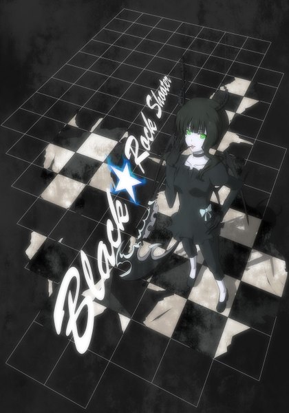 Anime picture 1024x1463 with black rock shooter dead master kai (link2262) single tall image black hair green eyes horn (horns) hand on hip checkered floor girl dress gloves weapon collar