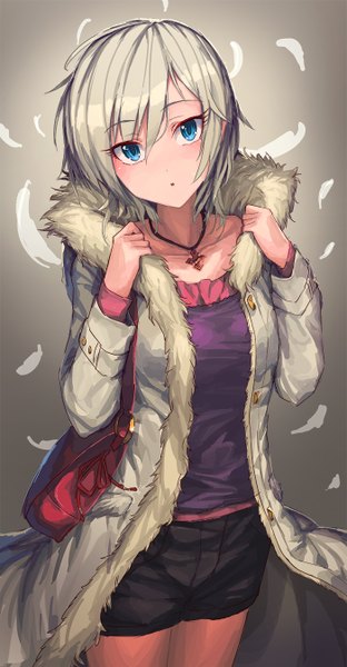 Anime picture 700x1344 with idolmaster idolmaster cinderella girls anastasia (idolmaster) tech chimera single tall image looking at viewer blush short hair blue eyes silver hair fur trim girl shorts fur bag feather (feathers) necklace coat blouse